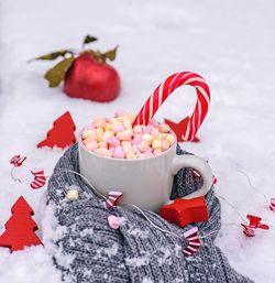 High angle view of sweet food on snow