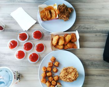 High angle view of breakfast on table