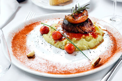 Close-up of food in plate on table