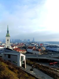 High angle view of cityscape against sky