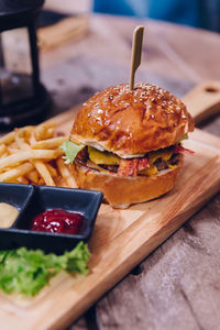 Close-up of burger on table