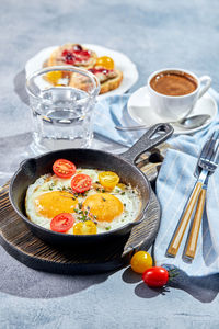 High angle view of breakfast on table