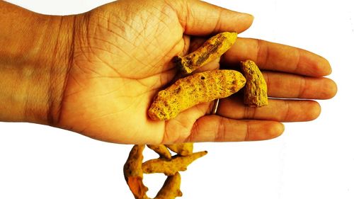 Close-up of hand holding burger against white background