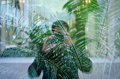 Portrait of man photographing green plants