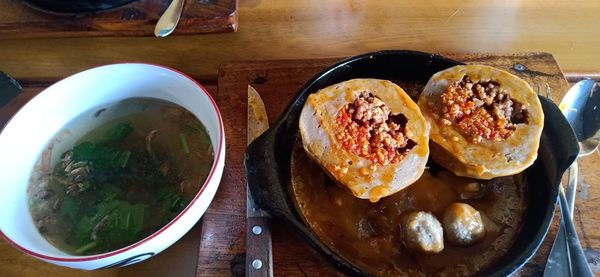 High angle view of breakfast on table