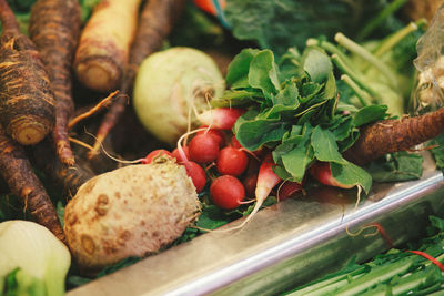 High angle view of vegetables for sale at market