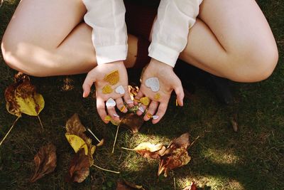 Low section of woman with leaves on field