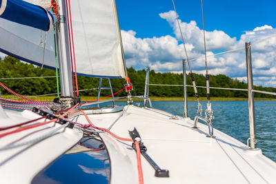 View from a main deck of sailboat on a lake. summer vacations, cruise, recreation, sport, regatta