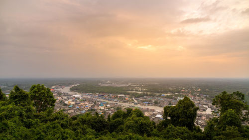 High angle view of townscape against sky during sunset