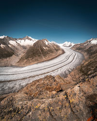 Scenic view of snowcapped mountains against clear blue sky