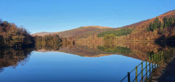 Scenic view of lake against clear blue sky