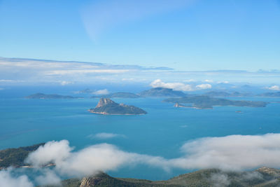 Aerial view of sea against cloudy sky