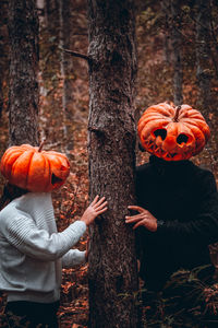 View of pumpkin on tree trunk during autumn