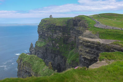 Scenic view of cliff by sea against sky