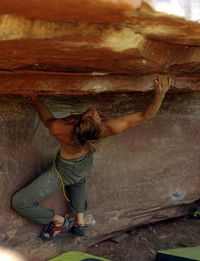 Rear view of man climbing on rock formation