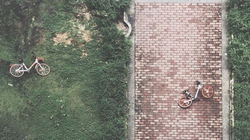 High angle view of bicycle on wall