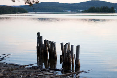 Wooden posts in lake against sky