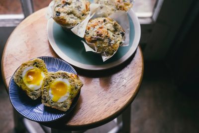 High angle view of breakfast served on table