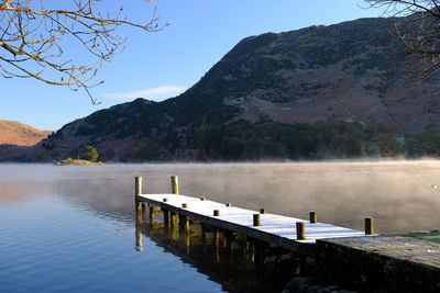 Scenic view of lake and mountains against clear sky