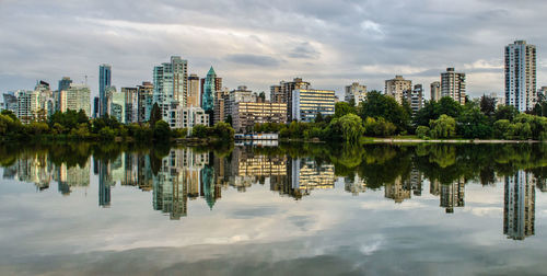 Buildings reflecting on calm lake in city