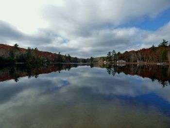 Scenic view of lake against cloudy sky