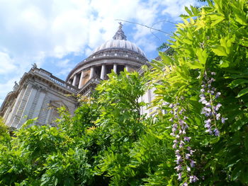 Low angle view of trees and building against sky