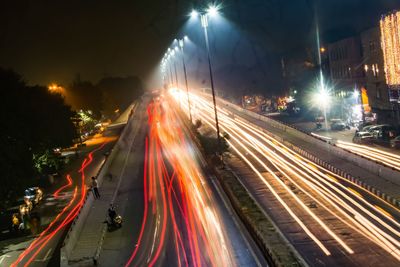 Light trails on road at night