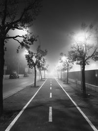 Empty road along trees in city