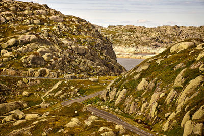 Scenic view of rocks in sea against sky