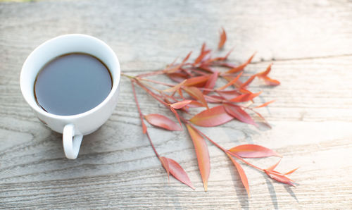 High angle view of coffee cup on table