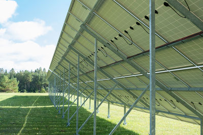 Low angle view of soccer field against sky