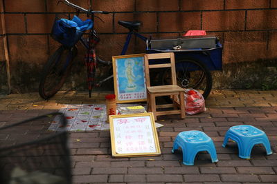 High angle view of bicycle on footpath
