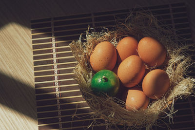 High angle view of eggs in nest