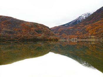 Scenic view of lake and mountains against clear sky