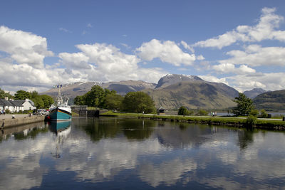 Scenic view of lake by mountains against sky