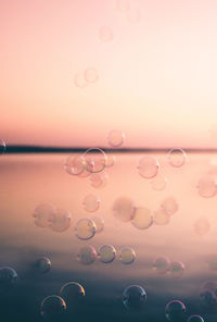 Close-up of water bubbles against sky during sunset