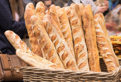 Close-up of baguettes in whicker basket