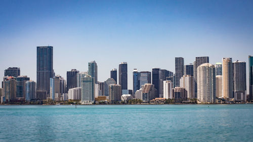 Sea by modern buildings against clear blue sky