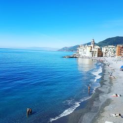 Scenic view of sea against clear blue sky