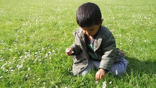 Cute boy picking flowers from grassy field