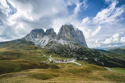 Aerial view of passo sella - sellajoch and langkofel, alpe di siusi, dolomiti tyrol, italy