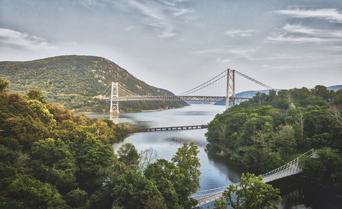 View of bridge over river against cloudy sky