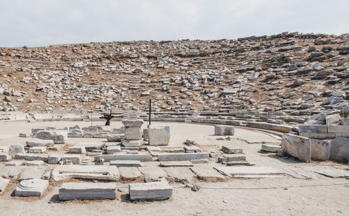 Naxian lions statues on the terrace of the lions on the greek island of delos.