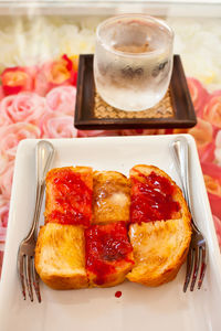 Close-up of breakfast served on table