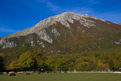 Scenic view of mountains against blue sky