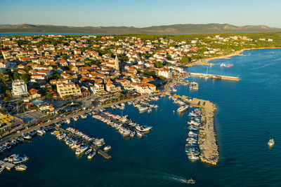 Aerial view of evening in pakostane town in adriatic sea, croatia