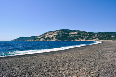 Scenic view of sea against clear blue sky