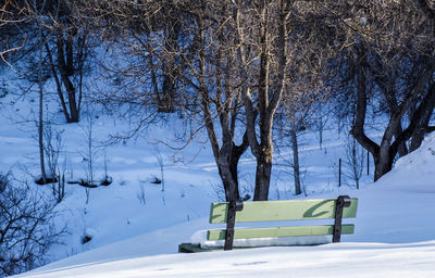 Bench on snow covered landscape
