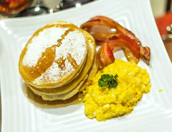 High angle view of breakfast served on table