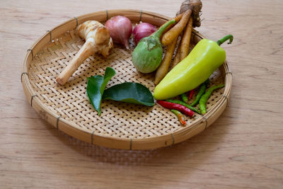 High angle view of fruits in basket on table